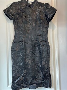 NWOT Black Floral Satin Cheongsam Dress